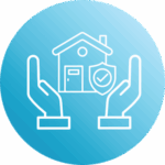 Blue circular icon showing two hands holding a house with a shield symbol, representing AI-powered accuracy and protection for insurance carriers and TPAs.