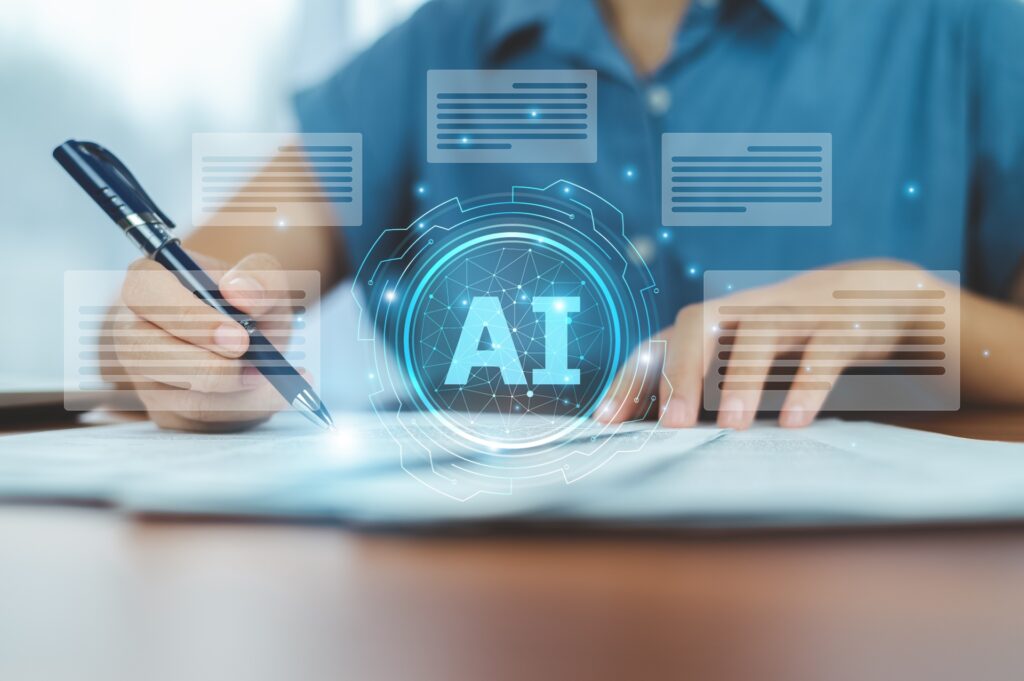 estimate AI claims review solutions Person reviewing claim documents with AI automation graphics symbolizing digital claims analysis.